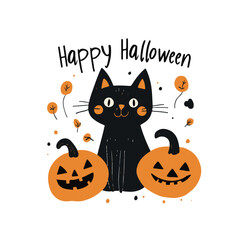Halloween party invitation card with a spooky pumpkin, cute black cat and ghost.