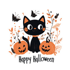 Halloween party invitation card with a spooky pumpkin, cute black cat and ghost.