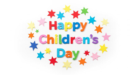Happy Children&rsquo;s Day&rsquo; surrounded by colorful paper stars on white background&rdquo;