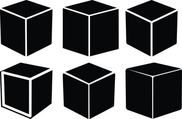 Six Black Stylized Cubes in Isometric Perspective Arranged in Two Rows