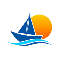 Sailing ship with sunset vector logo