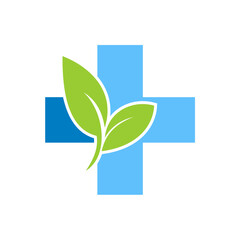 Medical cross with green nature leave vector logo