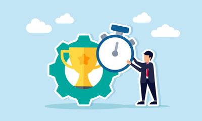 Businessman holding a stopwatch next to a gear with a trophy illustration of schedule improvisation in business work system to maintain position as leading company