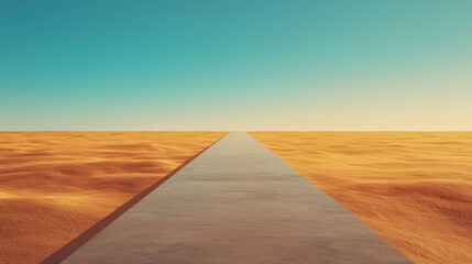 Wide empty highway road stretching through a vast golden desert under a clear bright sky with distant horizon and no visible vehicles or structures