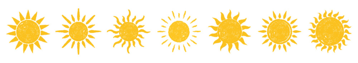 Set of sun vector grunge. Yellow sun star icons collection. Texture vintage design illustration. Abstract sunshine paint. Doodle hand drawn banner. Happy sun watercolor. Color logo morning. 
