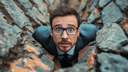 Man trapped in a hole, looking surprised