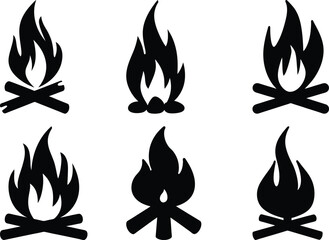 Six stylized black and white campfires for outdoor adventure themes