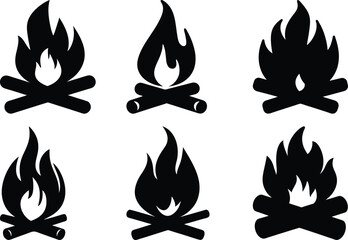 Silhouetted Campfire Icon Set with Multiple Flame Shapes and Wood Logs