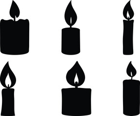 Silhouette of Six Lit Candles in Varying Shapes and Sizes on White