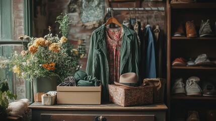 Vintage clothing and accessories display