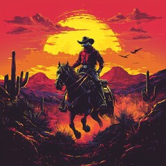 Cowboy rides horse at sunset, desert landscape