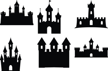 Silhouette icons of six different castle designs, Set of six black silhouette icons depicting various castle designs with towers, turrets, and walls, symbolizing medieval architecture.
