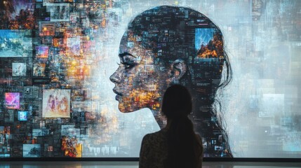 Woman contemplates digital art