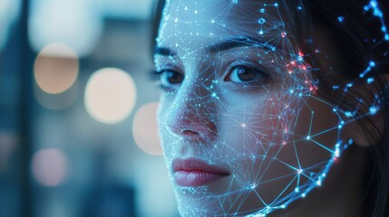 Woman face with digital network overlay