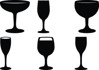 Variety of silhouettes of wine glasses, various forms and sizes, black