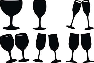 Black silhouette illustration of wine glasses and champagne flutes celebrating an event