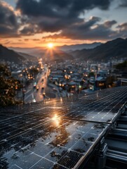 Fototapeta premium Sunset Over Solar Panels with City Skyline and Green Energy Concept in Focus