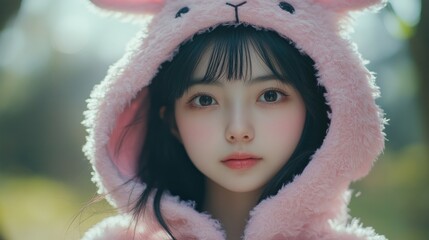 Young girl in pink bunny hoodie