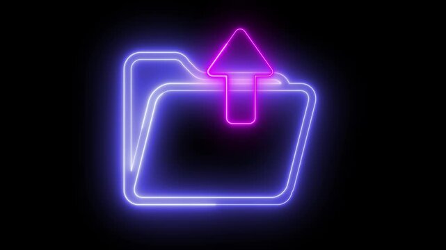 Glowing neon animation of a folder icon with an arrow, concept of uploading files to a folder