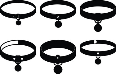 Diverse collection of black collars with pendant bells on a white background