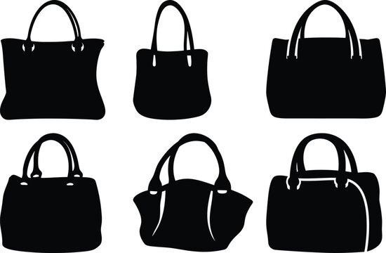 A collection of elegant black tote bags and purses in simple vector shapes
