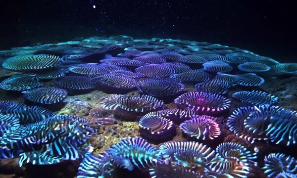 Hundreds of spiral-shelled creatures aligned in perfect circular rows on a black seabed, each pulsing with colored light in rhythm like a visual song
