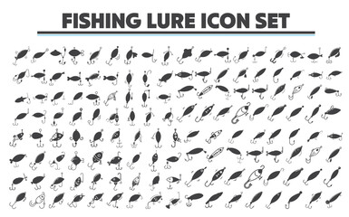 Fototapeta premium Buzzbait fishing lure Icon Set. Jigs fishing lure Icon Set. Spinnerbait fishing lureIcon Set. Spoons Lure Icon Set. Vector illustration. For website design, logo, app, template, ui, etc.