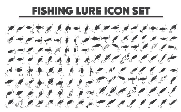 Buzzbait fishing lure Icon Set. Jigs fishing lure Icon Set. Spinnerbait fishing lureIcon Set. Spoons Lure Icon Set. Vector illustration. For website design, logo, app, template, ui, etc.