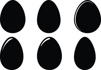 Silhouette icons of six simple glossy egg shapes, Set of six black silhouette icons featuring smooth, oval-shaped eggs with subtle highlights for a glossy effect.
