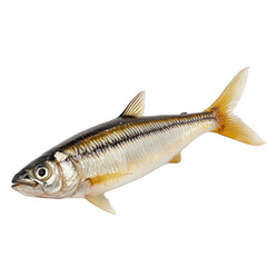 Fototapeta premium A shiny silver fish with a pointed head and yellowish fins. Png, Transparent background.