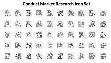 Conduct market research Icon Set. Marketing icon set with campaign, strategy, target audience, market research, data analysis, audience segmentation, branding, logo, identity, brand guidelines icon.