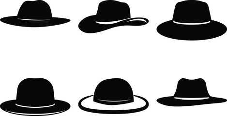 Variety of Stylish Black Hats in a Graphic Art Style Illustration