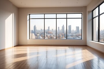 Obraz premium Sunlight streams into an empty modern apartment with expansive windows offering a city view.