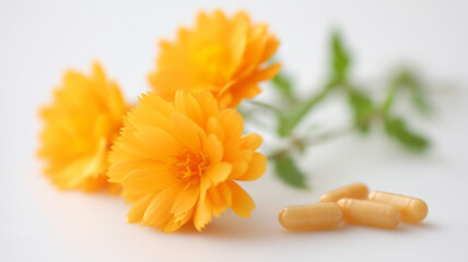 Bright marigold blooms alongside pharmaceutical capsules with soft focus