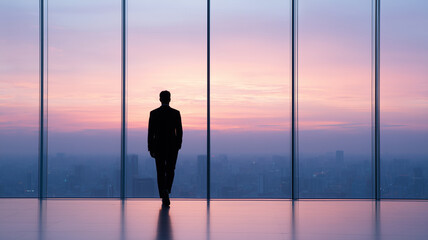 Man silhouette looking at city skyline through window at sunset