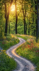 Serene forest scene with winding dirt path surrounded by colorful wildflowers and tall green trees du bright sunny day, peaceful nature landscape photography