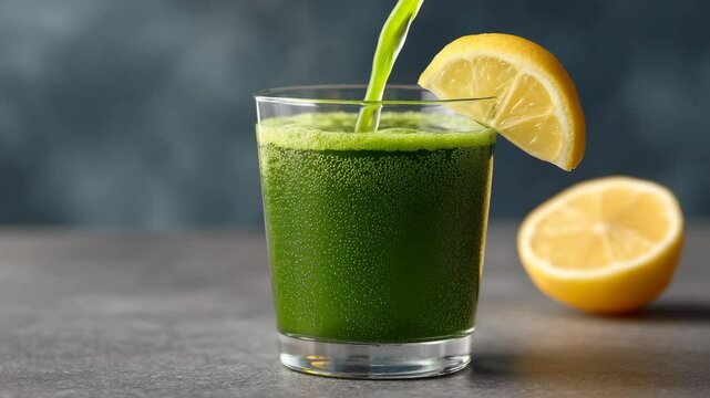 Fresh Juice Delight: A vibrant glass of freshly made green juice is the highlight, adorned with a zesty lemon wedge, hinting at a healthy and refreshing drink.