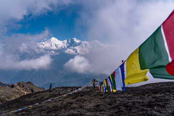 Landscape view of prayer flag over the mountain cliff  in Dhading, Nepal