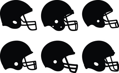 Six black football helmets in different variations and styles on a white background