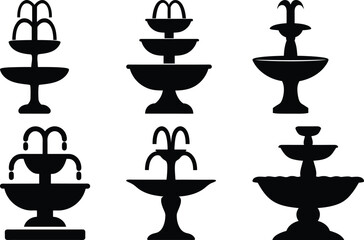 Black and White Silhouettes of Elegant Water Fountains in Varied Styles
