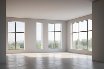 Sunlit empty room with large windows showcasing city skyline and trees evokes openness.