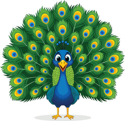 Adorable Cartoon Peacock with Vibrant Tail Feathers, a Charming Illustration