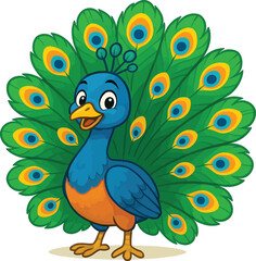 Fototapeta premium Adorable Cartoon Peacock with Vibrant Tail Feathers, a Charming Illustration