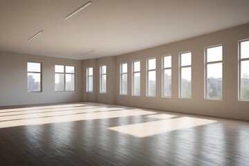 Fototapeta premium Sunlight streams through windows illuminating the vast empty room, casting shadows on wooden floor.