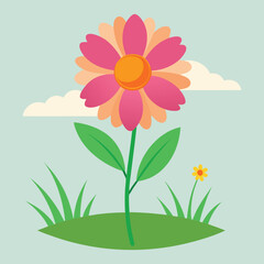 Naklejka premium Pink and peach flower on a hill with blue sky and clouds