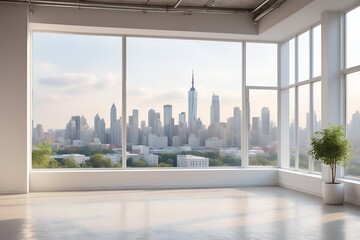Bright expansive room overlooking a city skyline with a modern, minimalist architectural style.