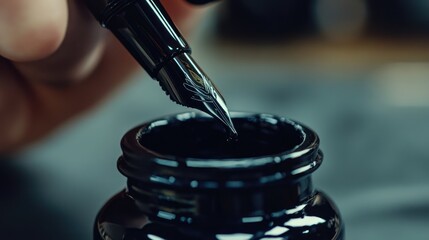 The Art of Calligraphy: A Close-Up of a Fountain Pen Dipping into Ink