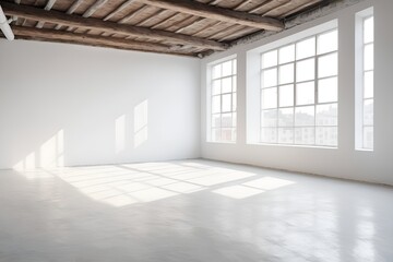 Obraz premium Bright, open room with large windows casting light patterns on a white floor and wooden ceiling.