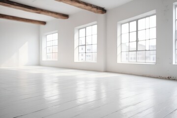 Fototapeta premium Sunlight floods the all-white room with wooden beams, highlighting a clean and minimalist space.