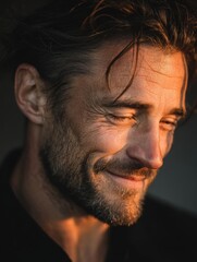 Fototapeta premium Man Working in Sunlight with a Peaceful Expression during Evening Light